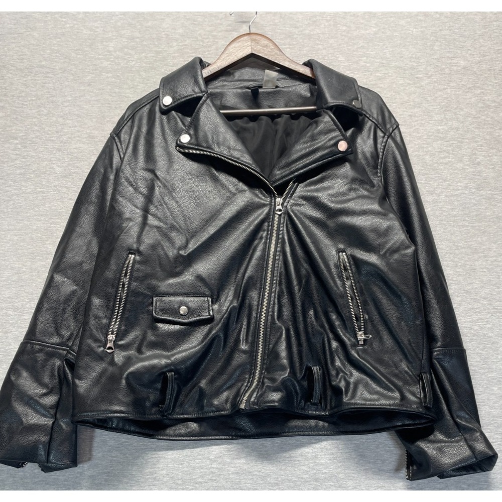 H&M Divided Coated Motorcycle Jacket Womens Large Black Asymmetrical Zip Racing